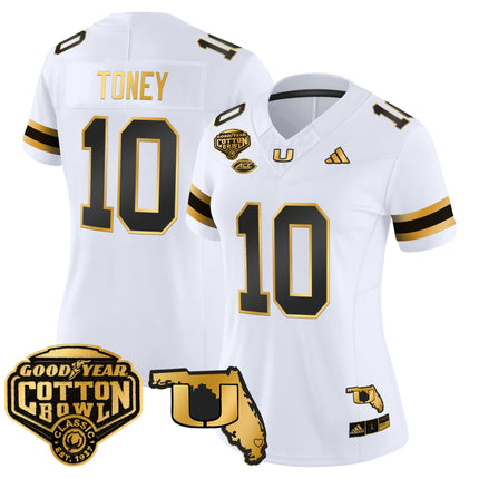 Women's Miami Hurricanes 2025/26 Cotton Bowl & Florida Patch Gold Vapor Limited Jersey - All Stitched