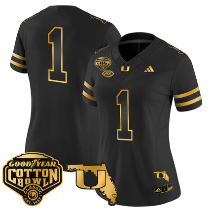 Women's Miami Hurricanes 2025/26 Cotton Bowl & Florida Patch Gold Vapor Limited Jersey - All Stitched