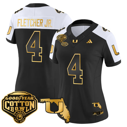 Women's Miami Hurricanes 2025/26 Cotton Bowl & Florida Patch Gold Vapor Limited Jersey - All Stitched