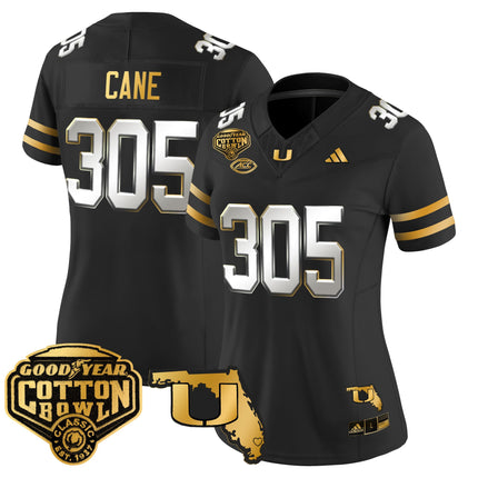 Women's Miami Hurricanes 2025/26 Cotton Bowl & Florida Patch Gold Vapor Limited Jersey - All Stitched