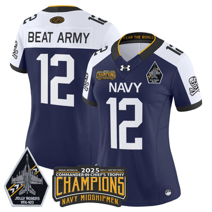 Women's Navy Midshipmen Jolly Rogers 2025 Commander-In-Chief's Trophy Champions Vapor Limited Jersey - All Stitched