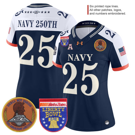 Women's Navy Midshipmen 250th Anniversary Vapor Limited Jersey - 2026 Liberty Bowl Patch - Stitched