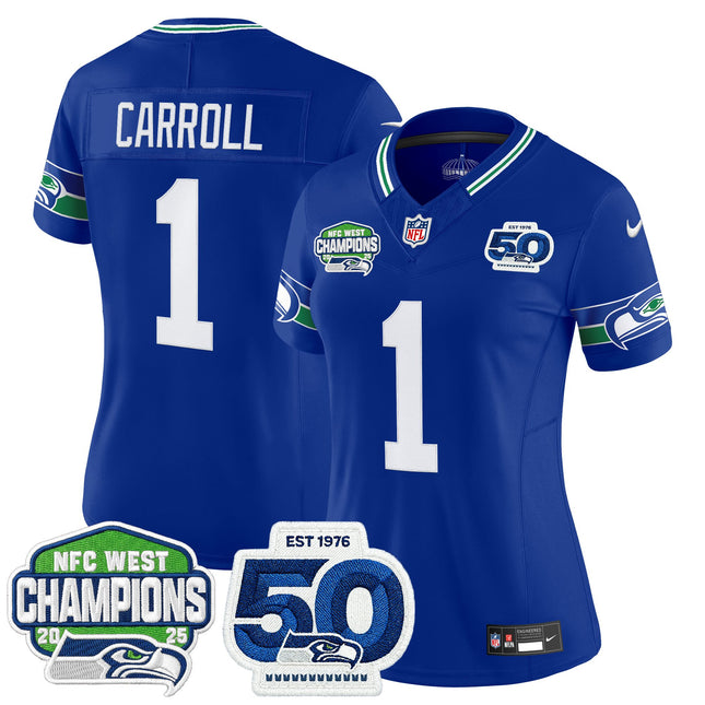 Women's Seattle Seahawks 2025 NFC West Division Champions & 50th Anniversary Patch Vapor Limited Jersey - All Stitched