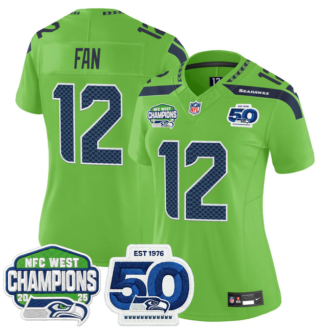 Women's Seattle Seahawks 2025 NFC West Division Champions & 50th Anniversary Patch Vapor Limited Jersey - All Stitched