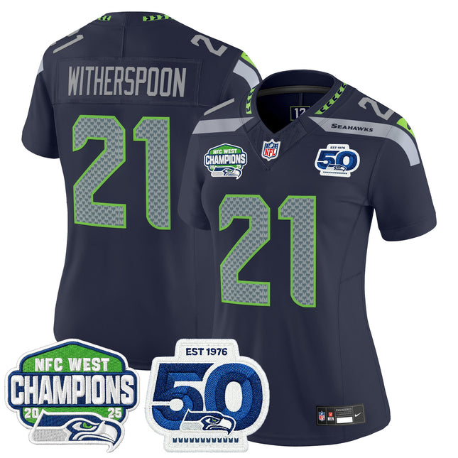 Women's Seattle Seahawks 2025 NFC West Division Champions & 50th Anniversary Patch Vapor Limited Jersey - All Stitched