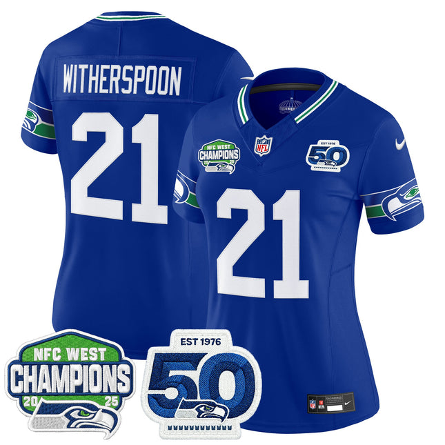 Women's Seattle Seahawks 2025 NFC West Division Champions & 50th Anniversary Patch Vapor Limited Jersey - All Stitched