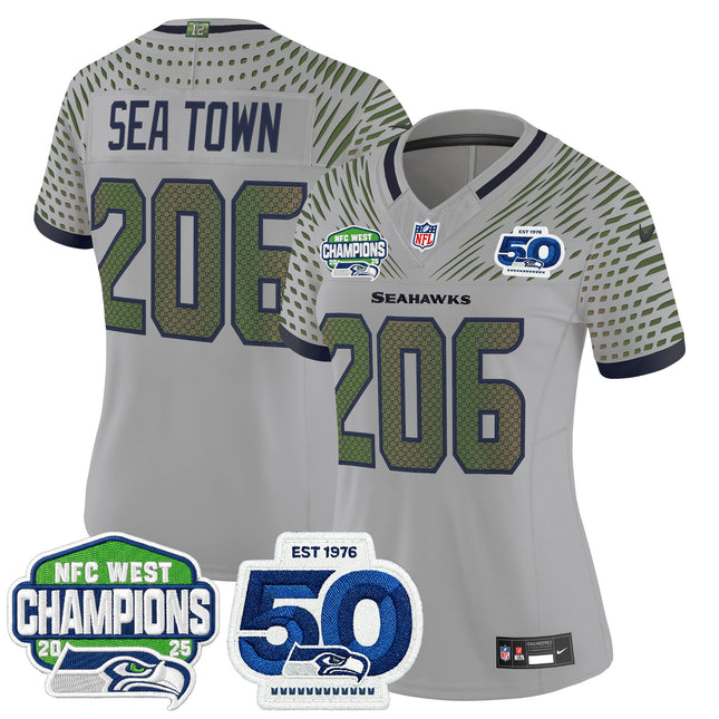Women's Seattle Seahawks 2025 NFC West Division Champions & 50th Anniversary Patch Vapor Limited Jersey - All Stitched