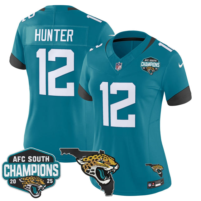 Women's Jacksonville Jaguars 2025 AFC South Division Champions & Florida Patch Vapor Jersey - All Stitched