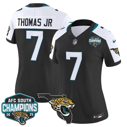 Women's Jacksonville Jaguars 2025 AFC South Division Champions & Florida Patch Vapor Jersey - All Stitched