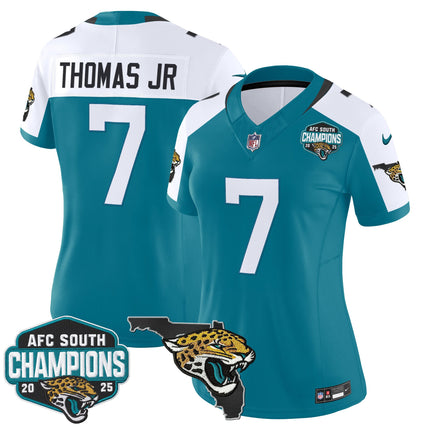 Women's Jacksonville Jaguars 2025 AFC South Division Champions & Florida Patch Vapor Jersey - All Stitched
