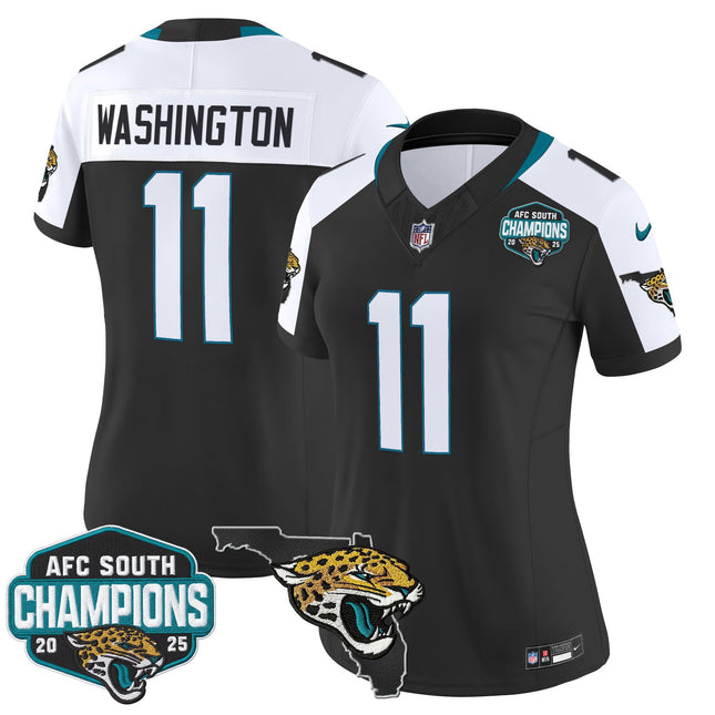 Women's Jacksonville Jaguars 2025 AFC South Division Champions & Florida Patch Vapor Jersey - All Stitched