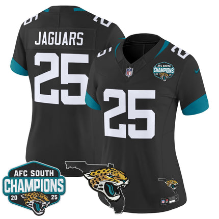 Women's Jacksonville Jaguars 2025 AFC South Division Champions & Florida Patch Vapor Jersey - All Stitched
