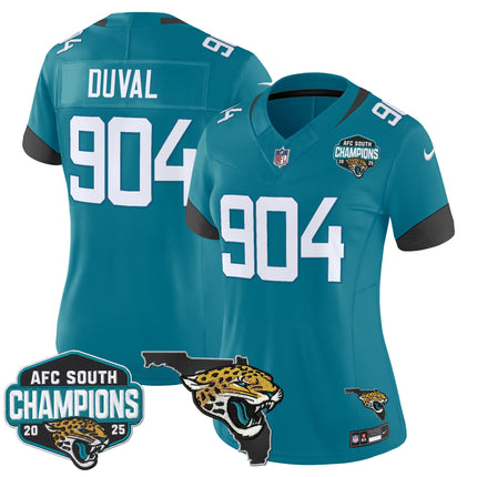 Women's Jacksonville Jaguars 2025 AFC South Division Champions & Florida Patch Vapor Jersey - All Stitched