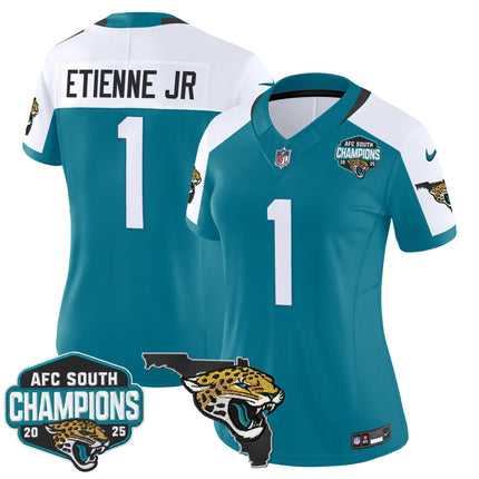Women's Jacksonville Jaguars 2025 AFC South Division Champions & Florida Patch Vapor Jersey - All Stitched