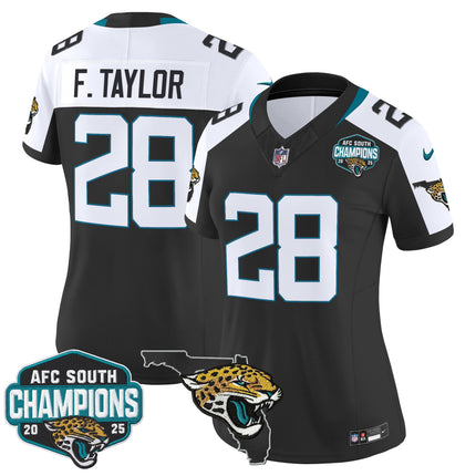 Women's Jacksonville Jaguars 2025 AFC South Division Champions & Florida Patch Vapor Jersey - All Stitched