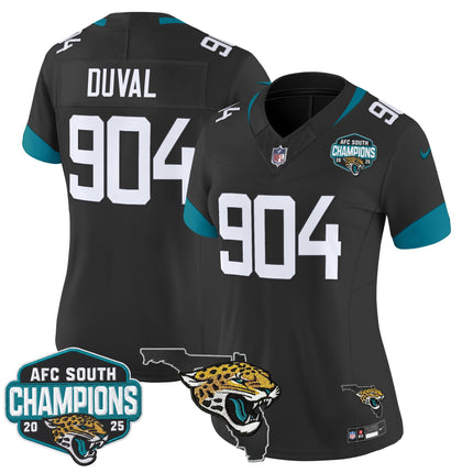 Women's Jacksonville Jaguars 2025 AFC South Division Champions & Florida Patch Vapor Jersey - All Stitched