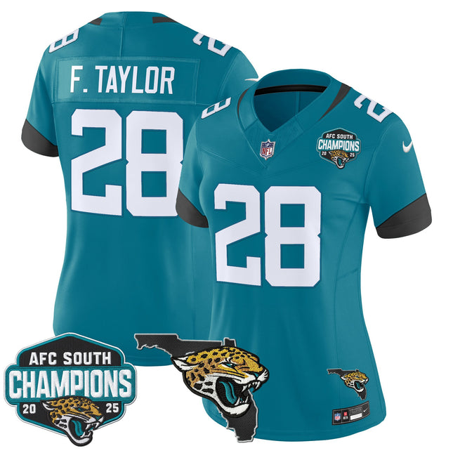 Women's Jacksonville Jaguars 2025 AFC South Division Champions & Florida Patch Vapor Jersey - All Stitched