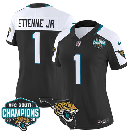 Women's Jacksonville Jaguars 2025 AFC South Division Champions & Florida Patch Vapor Jersey - All Stitched