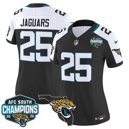 Women's Jacksonville Jaguars 2025 AFC South Division Champions & Florida Patch Vapor Jersey - All Stitched