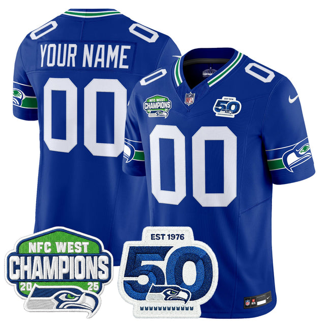 Seattle Seahawks 2025 NFC West Division Champions & 50th Anniversary Patch Vapor Limited Custom Jersey - All Stitched