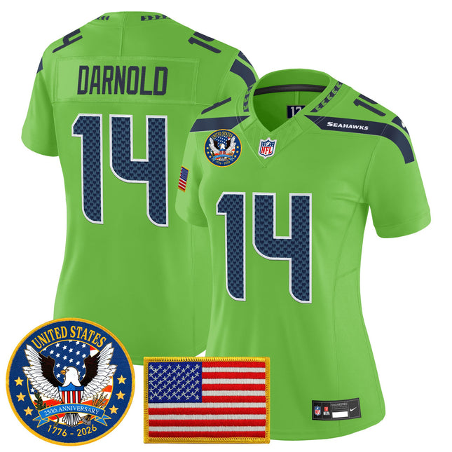 Women's Seattle Seahawks "United States 250th Anniversary Patch" Vapor Limited Jersey - All Stitched