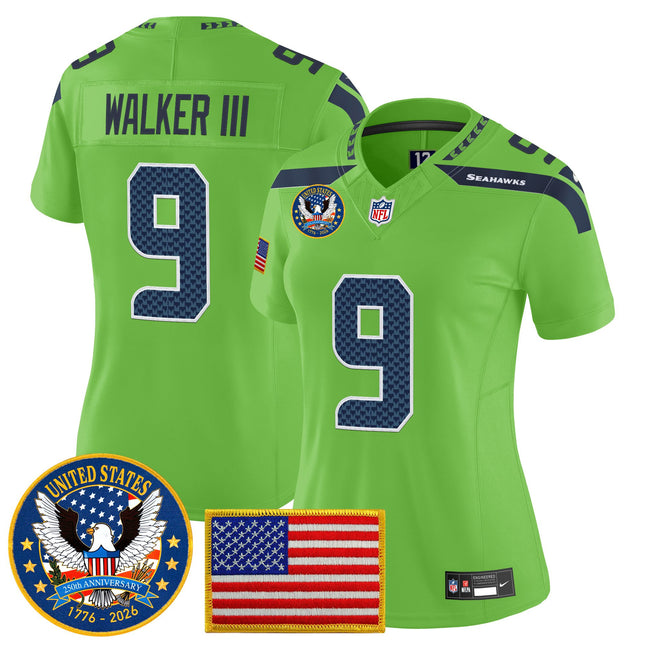 Women's Seattle Seahawks "United States 250th Anniversary Patch" Vapor Limited Jersey - All Stitched