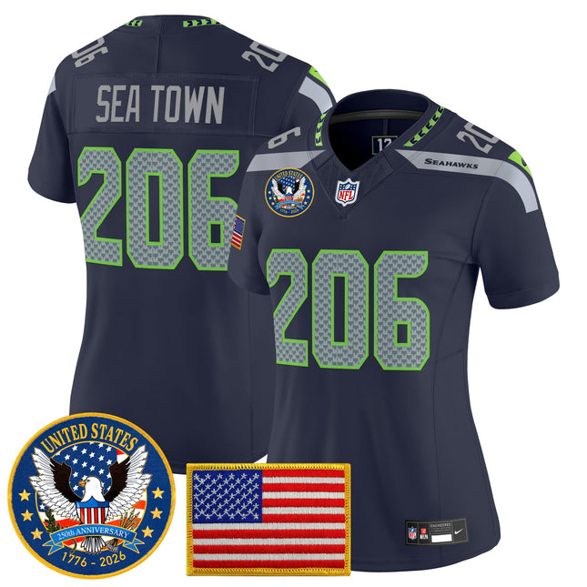 Women's Seattle Seahawks "United States 250th Anniversary Patch" Vapor Limited Jersey - All Stitched