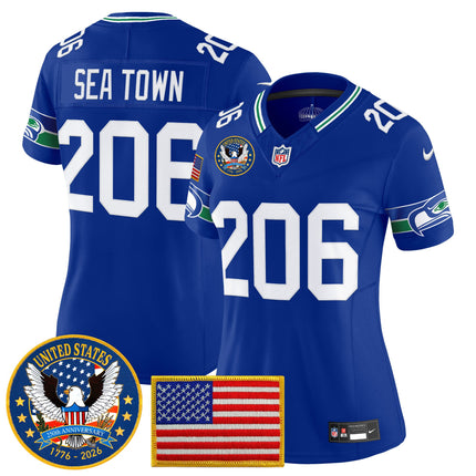 Women's Seattle Seahawks "United States 250th Anniversary Patch" Vapor Limited Jersey - All Stitched