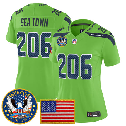 Women's Seattle Seahawks "United States 250th Anniversary Patch" Vapor Limited Jersey - All Stitched