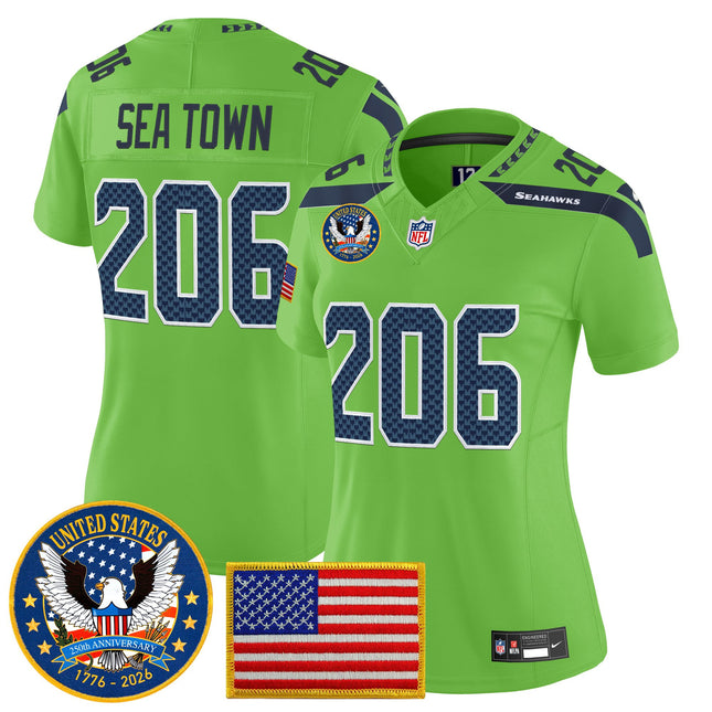 Women's Seattle Seahawks "United States 250th Anniversary Patch" Vapor Limited Jersey - All Stitched