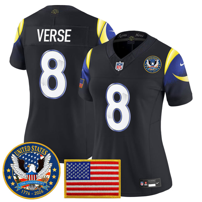 Women's Los Angeles Rams 2025 "United States 250th Anniversary Patch" Vapor Limited Jersey - All Stitched