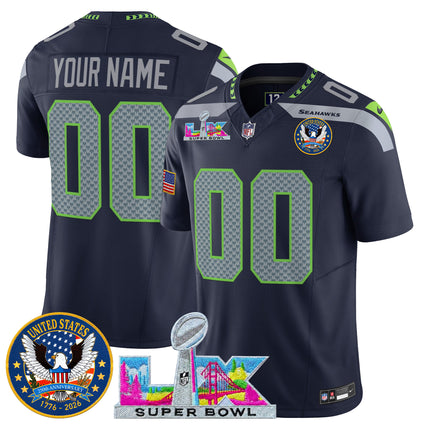 Seattle Seahawks "Super Bowl LX & United States 250th Patch" Vapor Limited Custom Jersey - All Stitched