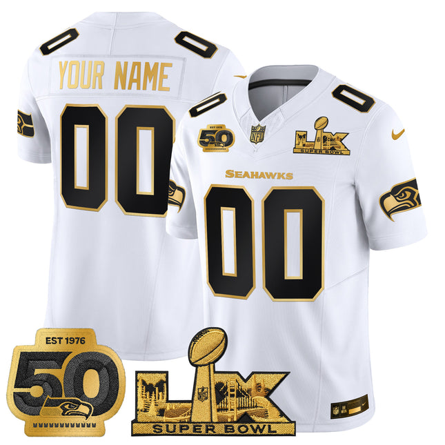 Seattle Seahawks "Super Bowl LX & 50th Patch" Gold Vapor Limited Custom Jersey - All Stitched