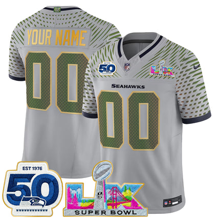 Seattle Seahawks "Super Bowl LX & 50th Patch" Gold Trim Vapor Limited Custom Jersey - All Stitched