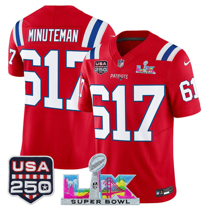 Men's New England Patriots "Super Bowl LX & United States 250th Anniversary Patch" Vapor Limited Jersey - All Stitched