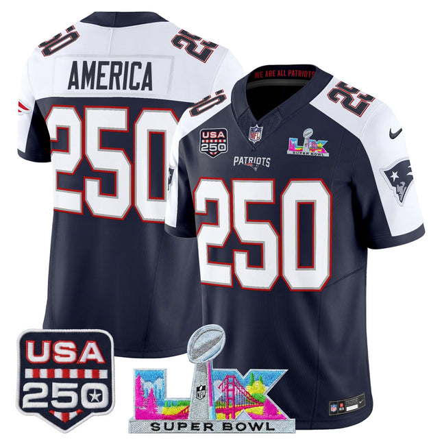 Men's New England Patriots "Super Bowl LX & United States 250th Anniversary Patch" Vapor Limited Jersey - All Stitched