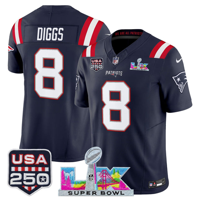 Men's New England Patriots "Super Bowl LX & United States 250th Anniversary Patch" Vapor Limited Jersey - All Stitched