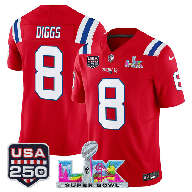 Men's New England Patriots "Super Bowl LX & United States 250th Anniversary Patch" Vapor Limited Jersey - All Stitched