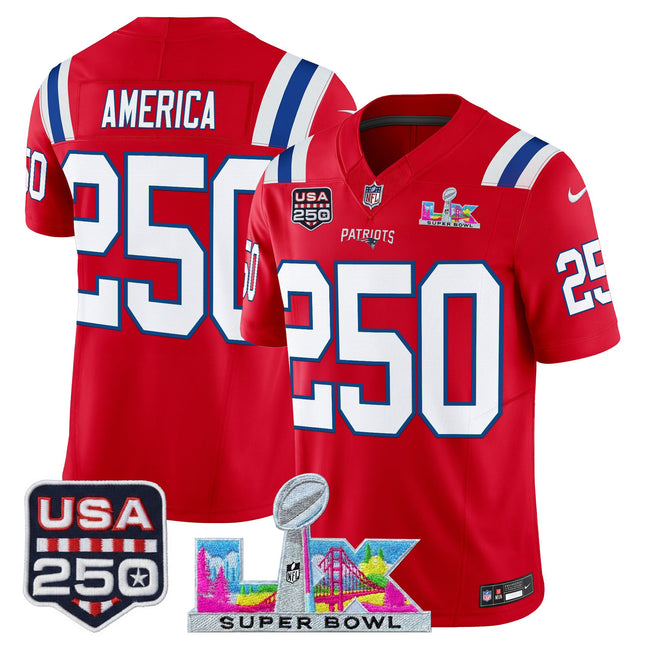 Men's New England Patriots "Super Bowl LX & United States 250th Anniversary Patch" Vapor Limited Jersey - All Stitched