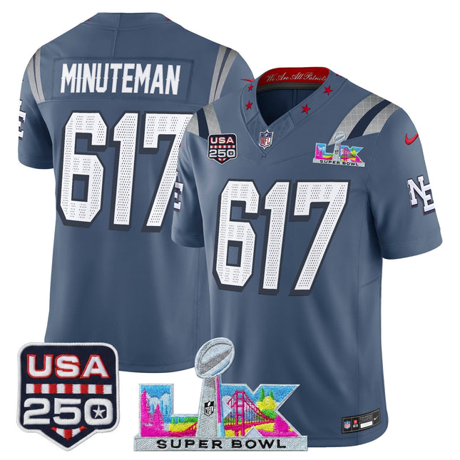Men's New England Patriots "Super Bowl LX & United States 250th Anniversary Patch" Vapor Limited Jersey - All Stitched