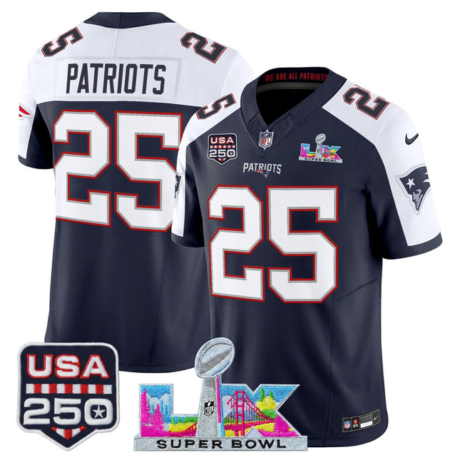 Men's New England Patriots "Super Bowl LX & United States 250th Anniversary Patch" Vapor Limited Jersey - All Stitched