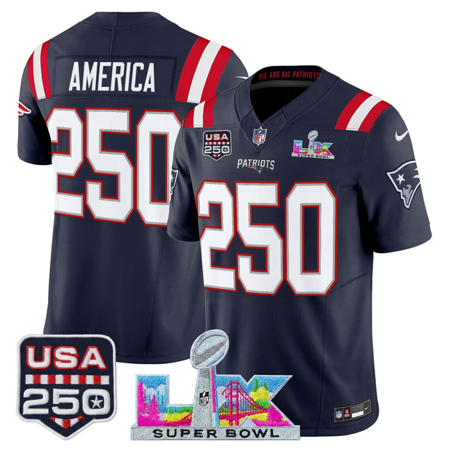 Men's New England Patriots "Super Bowl LX & United States 250th Anniversary Patch" Vapor Limited Jersey - All Stitched