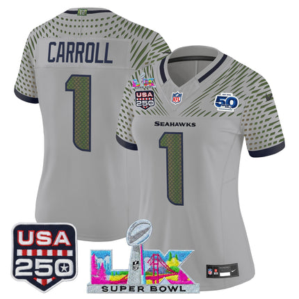 Women's Seattle Seahawks "Super Bowl LX & United States 250th Anniversary Patch" Vapor Limited Jersey - All Stitched