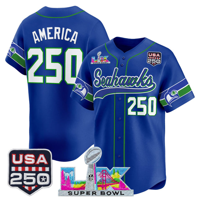 Men's Seattle Seahawks "Super Bowl LX & 250America Patch" Vapor Baseball Jersey - All Stitched