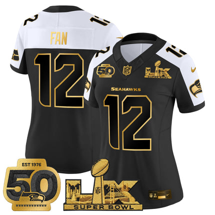 Women's Seattle Seahawks "Super Bowl LX & 50th Patch" Gold Vapor Limited Jersey - All Stitched