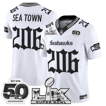 Men's Seattle Seahawks "Super Bowl LX & 50th Patch" Vapor Limited Jersey - Gothic Edition - All Stitched
