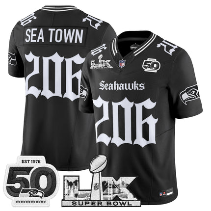 Men's Seattle Seahawks "Super Bowl LX & 50th Patch" Vapor Limited Jersey - Gothic Edition - All Stitched