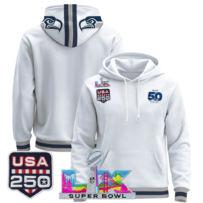 Men's Seattle Seahawks "Super Bowl LX & United States 250th Anniversary Patch" Premier Hoodie - All Stitched