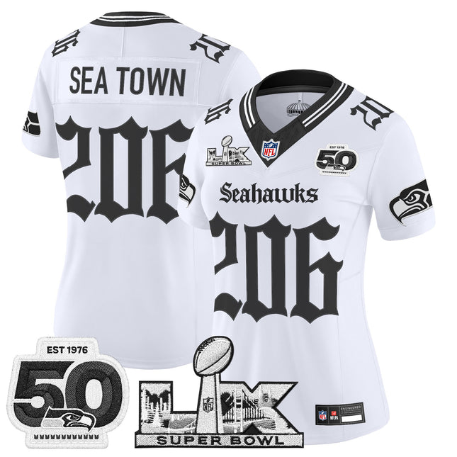 Women's Seattle Seahawks "Super Bowl LX & 50th Patch" Vapor Limited Jersey - Gothic Edition - All Stitched