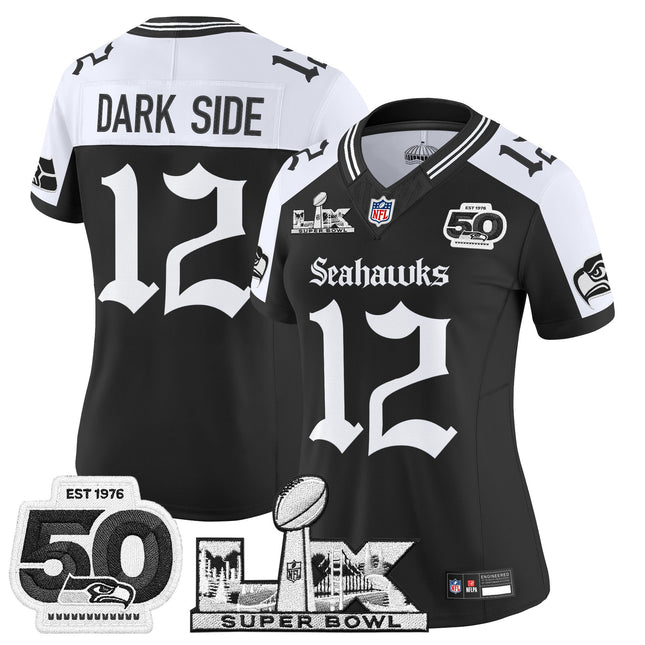 Women's Seattle Seahawks "Super Bowl LX & 50th Patch" Vapor Limited Jersey - Gothic Edition - All Stitched